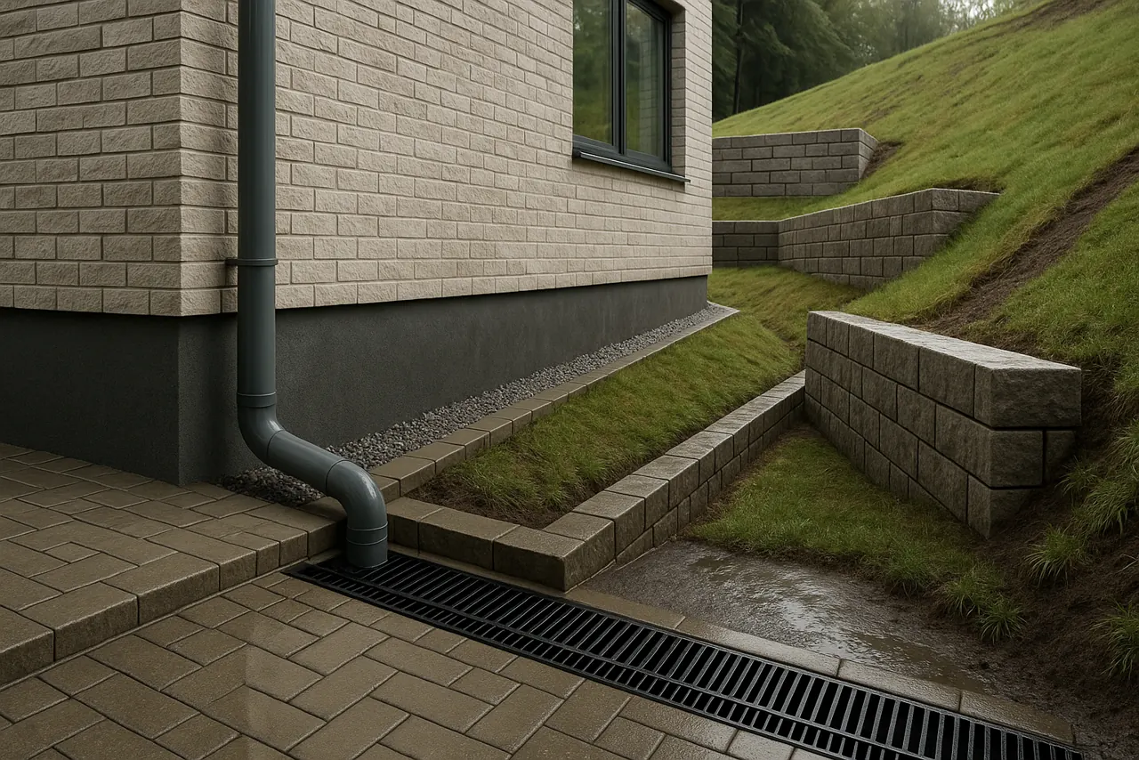 architectural_engineering_explainer: Вода — один из главных факторов риска для дома на склоне. Ливнёвка собирает дождевую воду с крыши и двора, дренаж отводит грунтовые воды. Ошибка — оценивать только наличие труб и лотков. Важно понять мар